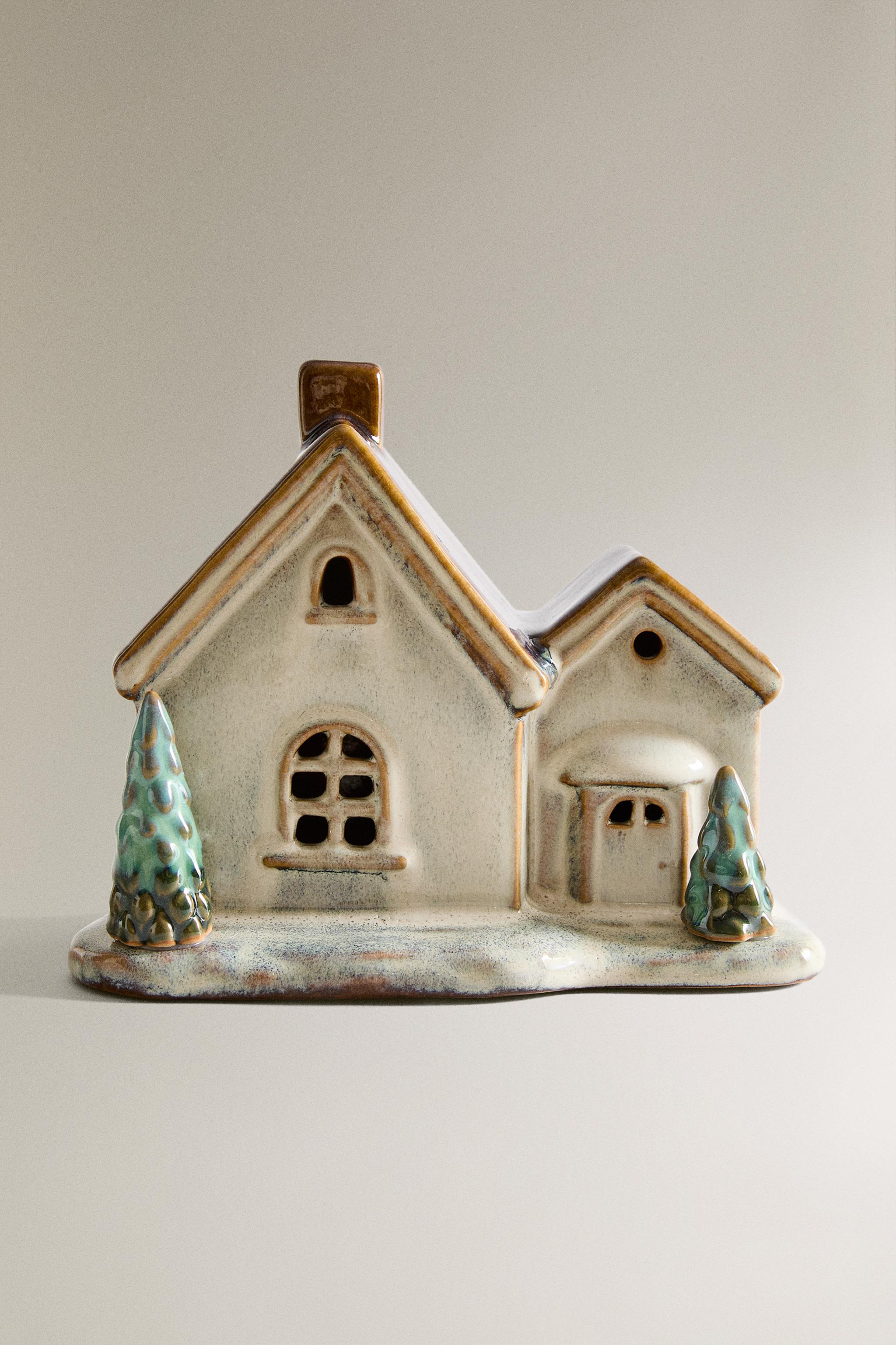 LIGHT-UP PORCELAIN HOUSE WITH PINE TREES CHRISTMAS ORNAMENT